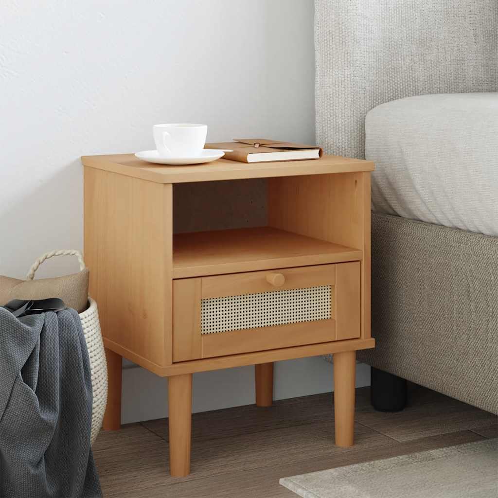 Comodino in legno massiccio e rattan, marrone, 40 x 35 x 48 cm, SENJA