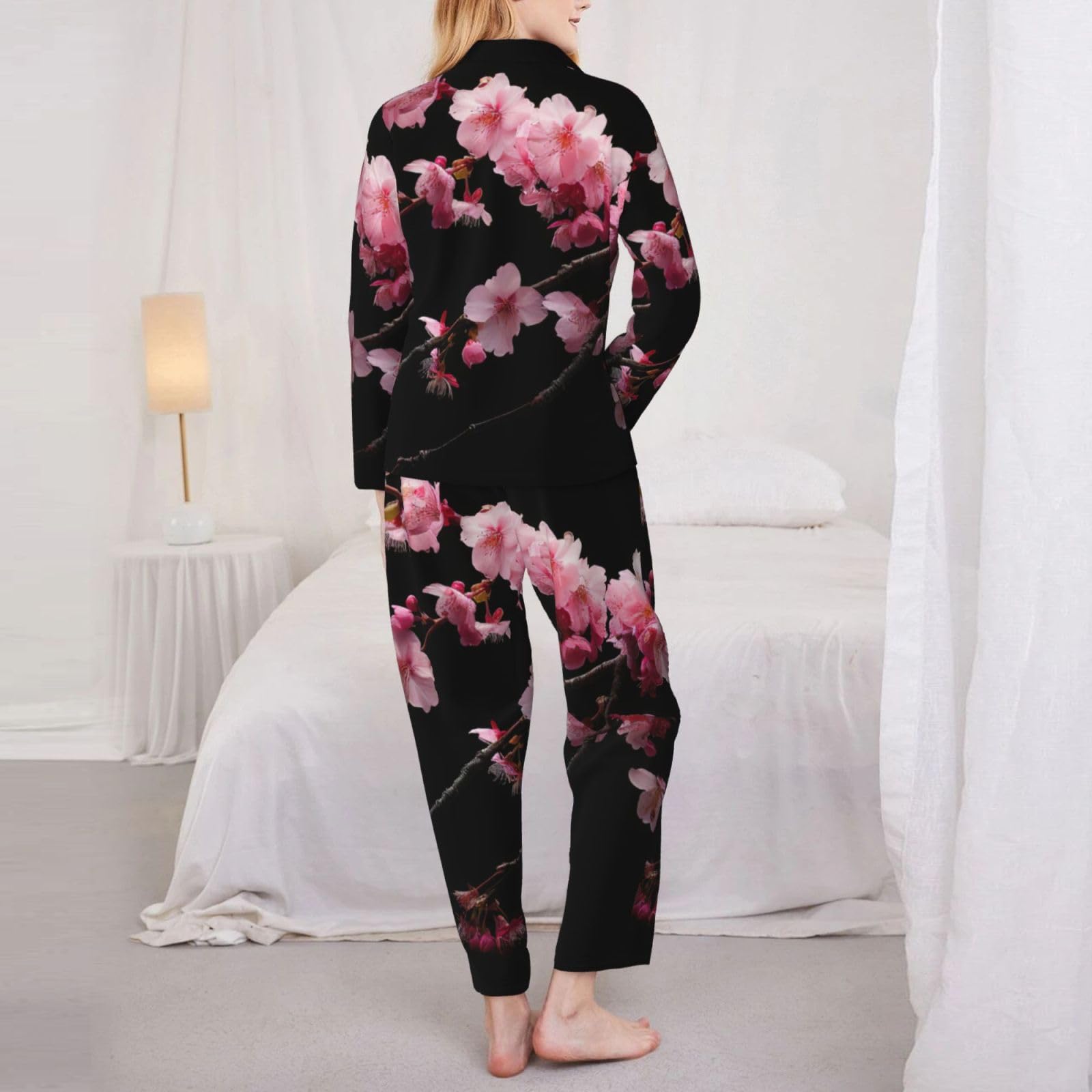 Pigiama a maniche lunghe da donna con stampa di fiori di ciliegio giapponesi set da notte accogliente abbigliamento da notte loungewear quotidiano