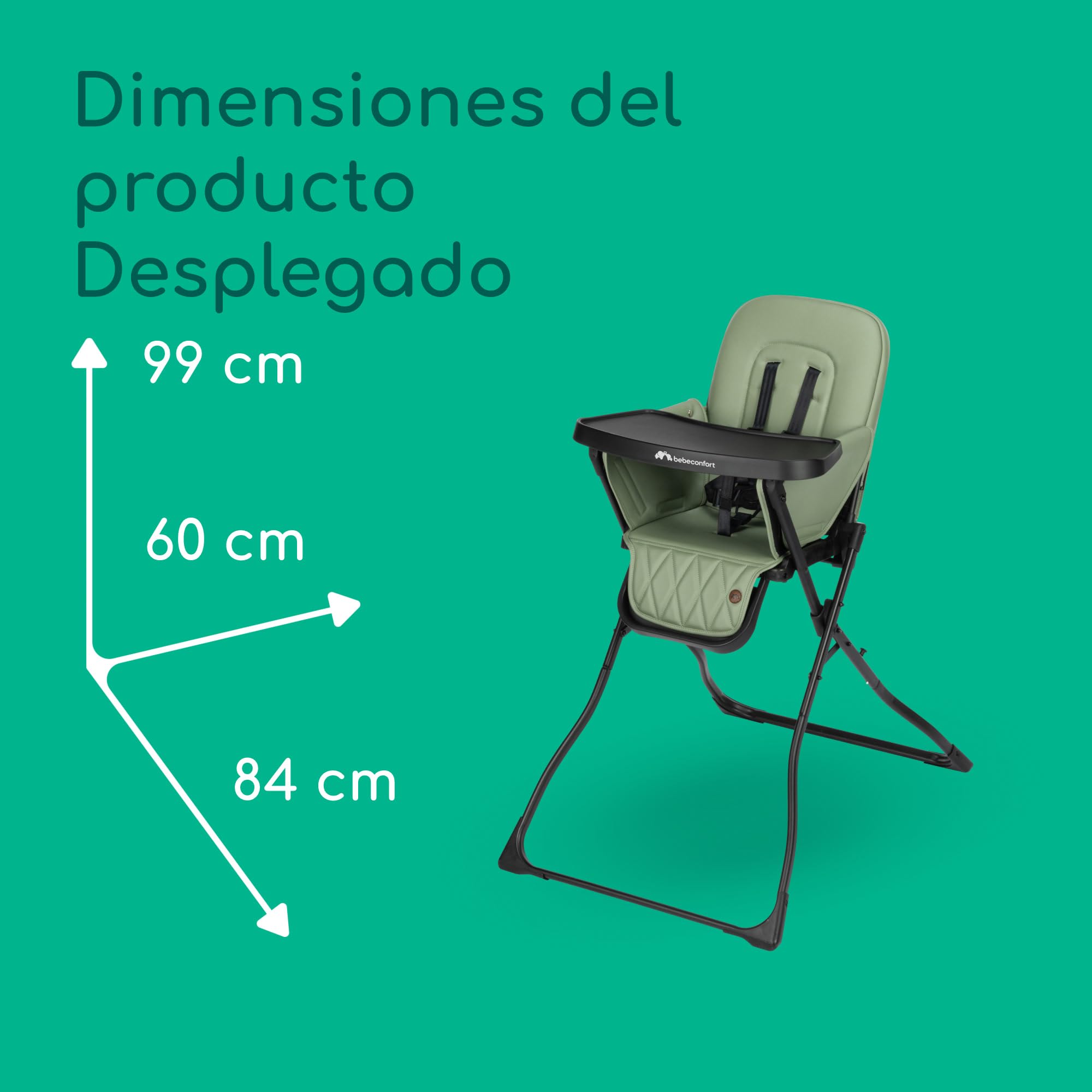 Bebeconfort Mallow, Trona Bebé Ligera, 0-3 Años, 0-15 kg, Plegado Ultracompacto, Cómodo Asiento Acolchado, Fácil Limpieza, Ligero (5,6 kg),3 Posiciones de Reclinado, Fácil Transporte, Mineral Green