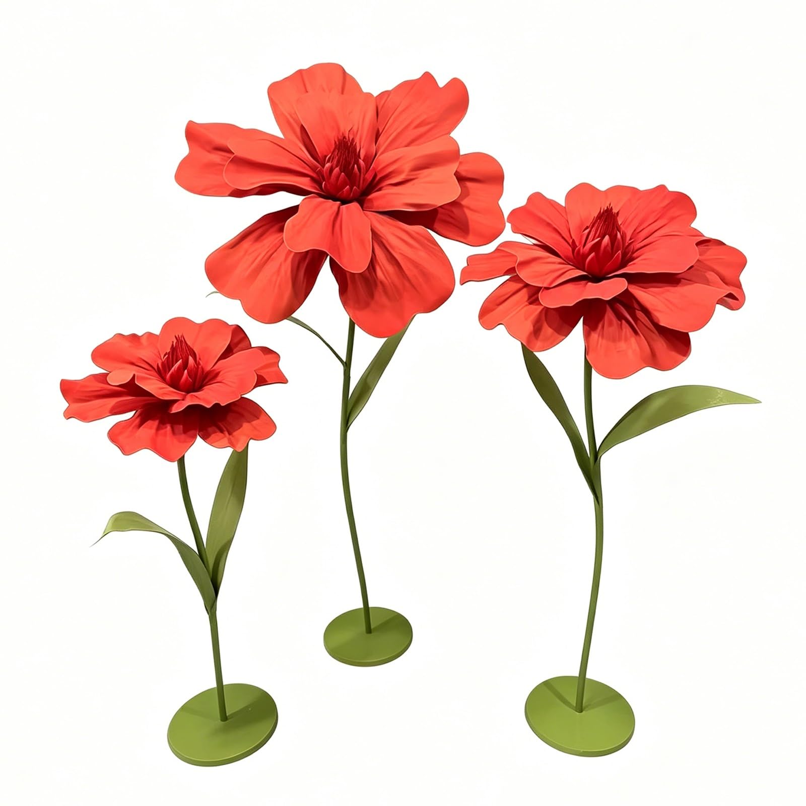 3er Set Riesige Künstliche Blumen Eva‑Schaumblüten mit Basis und Verstellbaren Stielen Blumendekoration für Hochzeit im Freien, Terrasse, Ostern und Frühlingsfeste(Red)