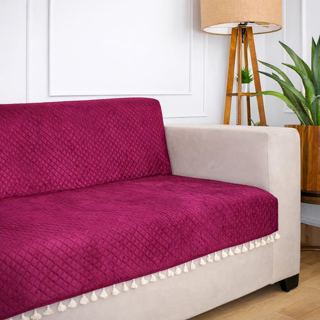 STITCHNEST 'Maison Plush Series' Quilted Velvet Sofa Cover 2 Seater Fully Covered | Premium Soft Fabric, Washable & Fade Resistant | Maroon Sofa Protector with Tassels | Size 48x60 Inch