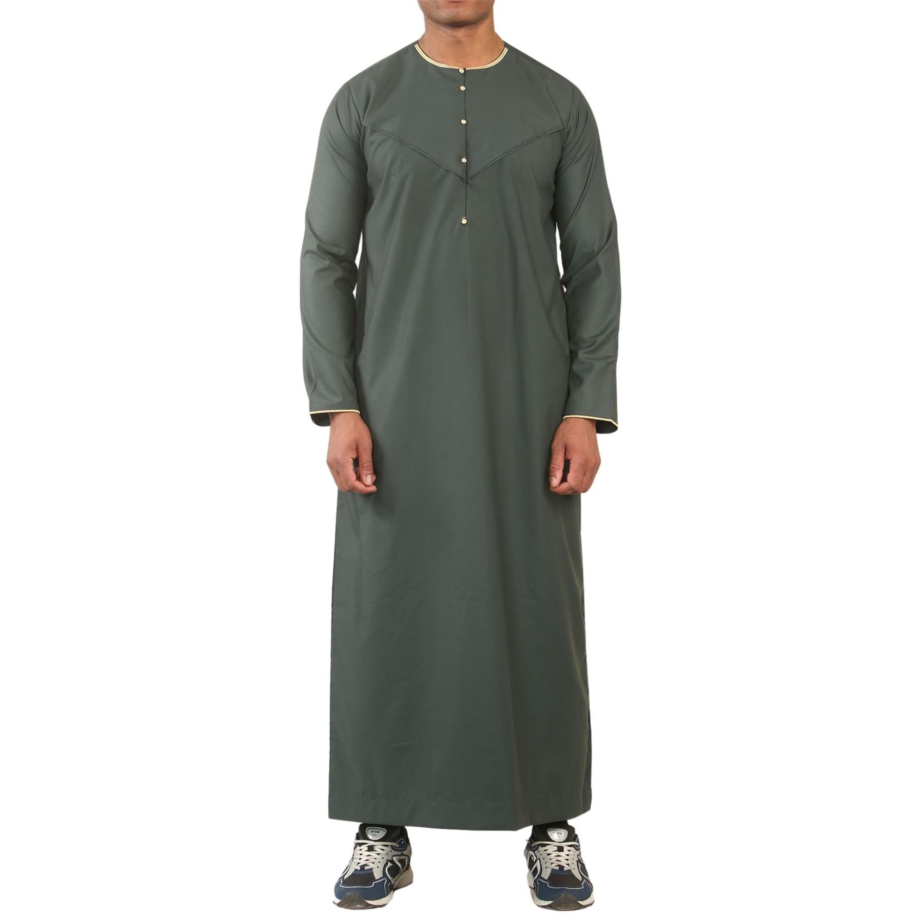 Thobez Men's Green Thobe Emirati Omani Jubba Islamic Clothing Muslim Kaftan Eid Robe Arab Gold Embroidery - 58