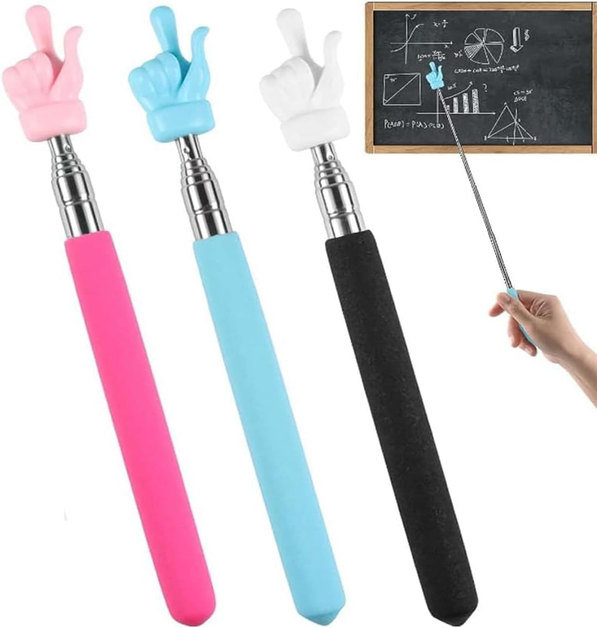 3 Pcs Telescopic Teachers Pointer, Extendable Hand Pointer Finger Pointer, Mini Retractable Classroom Pointer for Elementary School Kindergarten Teacher (Black,Pink,Blue)