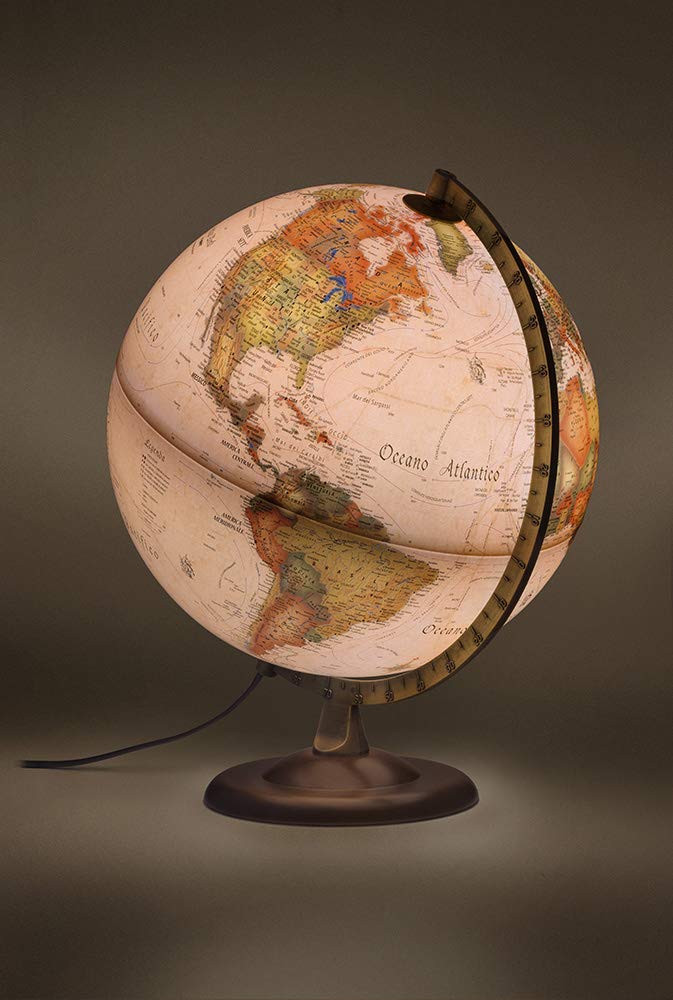 Tecnodidattica - Mappamondo Atmosphere A4, Luminoso, Girevole, Base in Legno di Faggio scurito e meridiano graduato in Metallo, cartografia Stile Antico, Diametro 30 cm