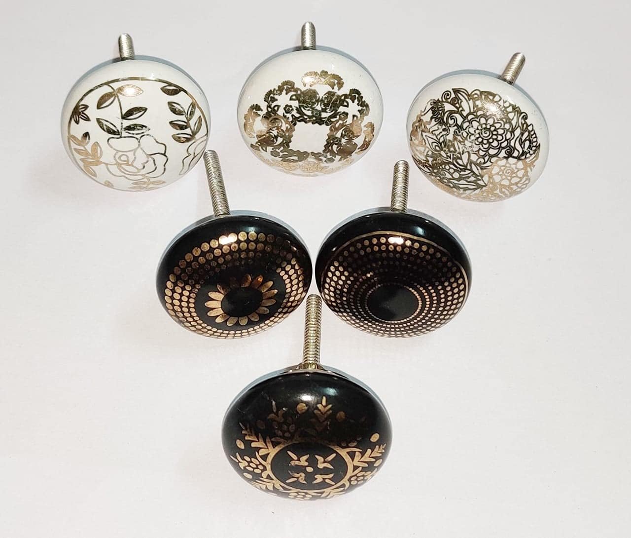 ATCUSA Set of 6 (3+3) White & Black Ceramic Knobs with Golden leafing Work – Decorative Pulls for Drawers, Cabinets, Dressers – Handmade Ornamental Drawer Handles Vintage Designer Gift