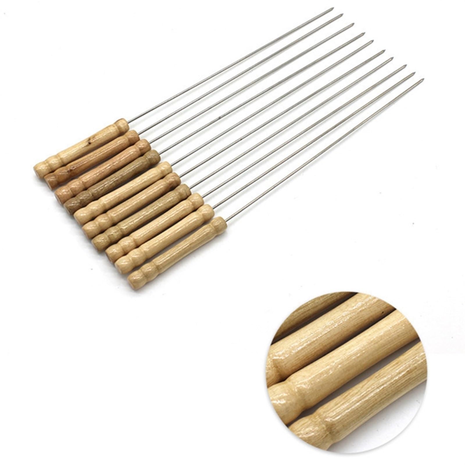 SePkus Schaschlikspieße, 10 Stück, kompatibel mit Grill, wiederverwendbarer Grill, Edelstahlspieße mit Holzgriff, Schaschlik, Grill, Camping-Gadgets, Küchenutensilien