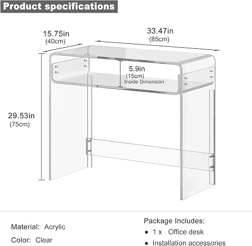 Miniatura 3 de Escritorio de oficina acrílico, mesa de estudio moderna para computadora portátil con almacenamiento abierto, mesa de consola transparente, mesa de