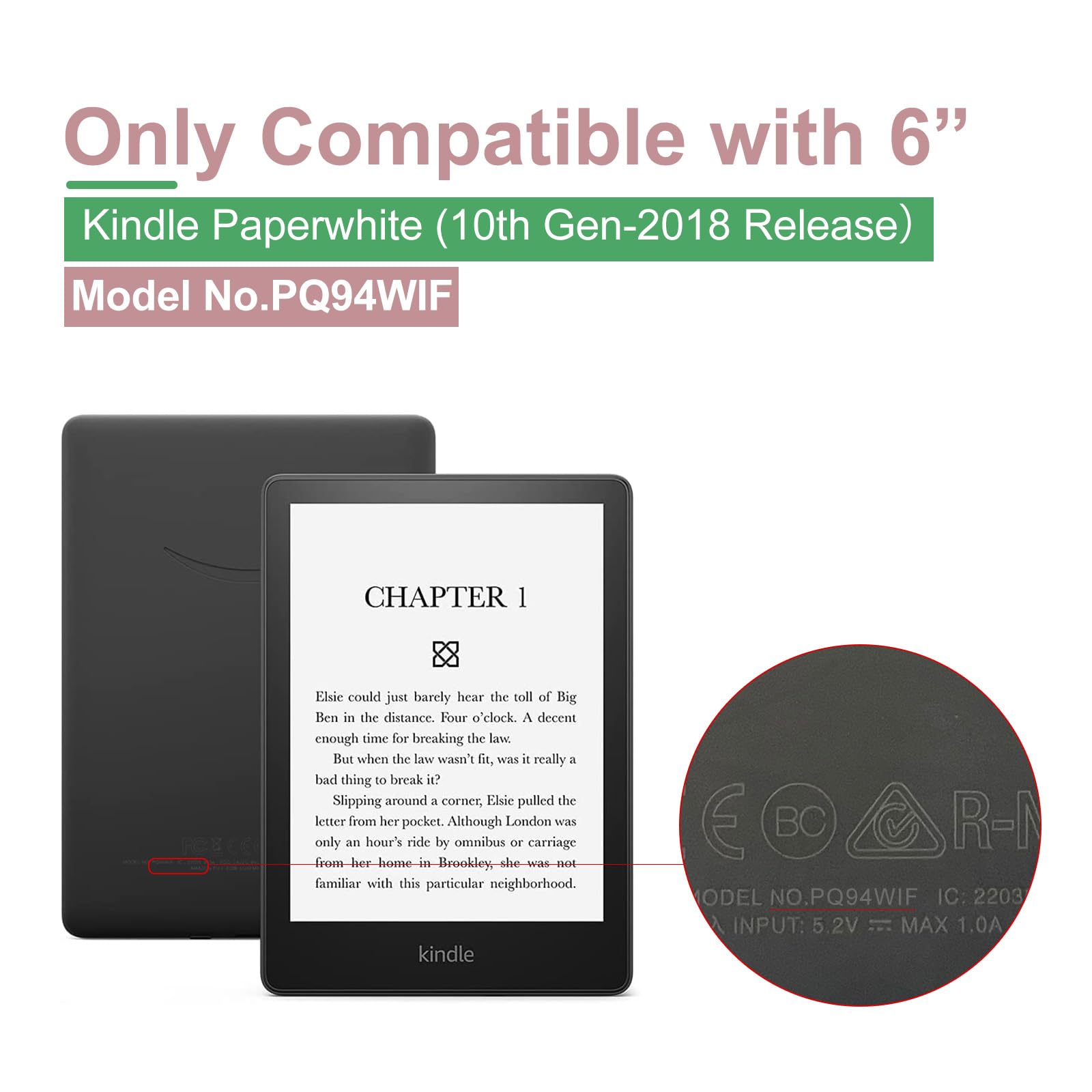 Funda con correa de mano para Kindle Paperwhite de 15.2 cm (10ª generación-versión 2018, modelo n.º PQ94WIF), funda de piel sintética y parte trasera dura transparente, con apagado y encendido