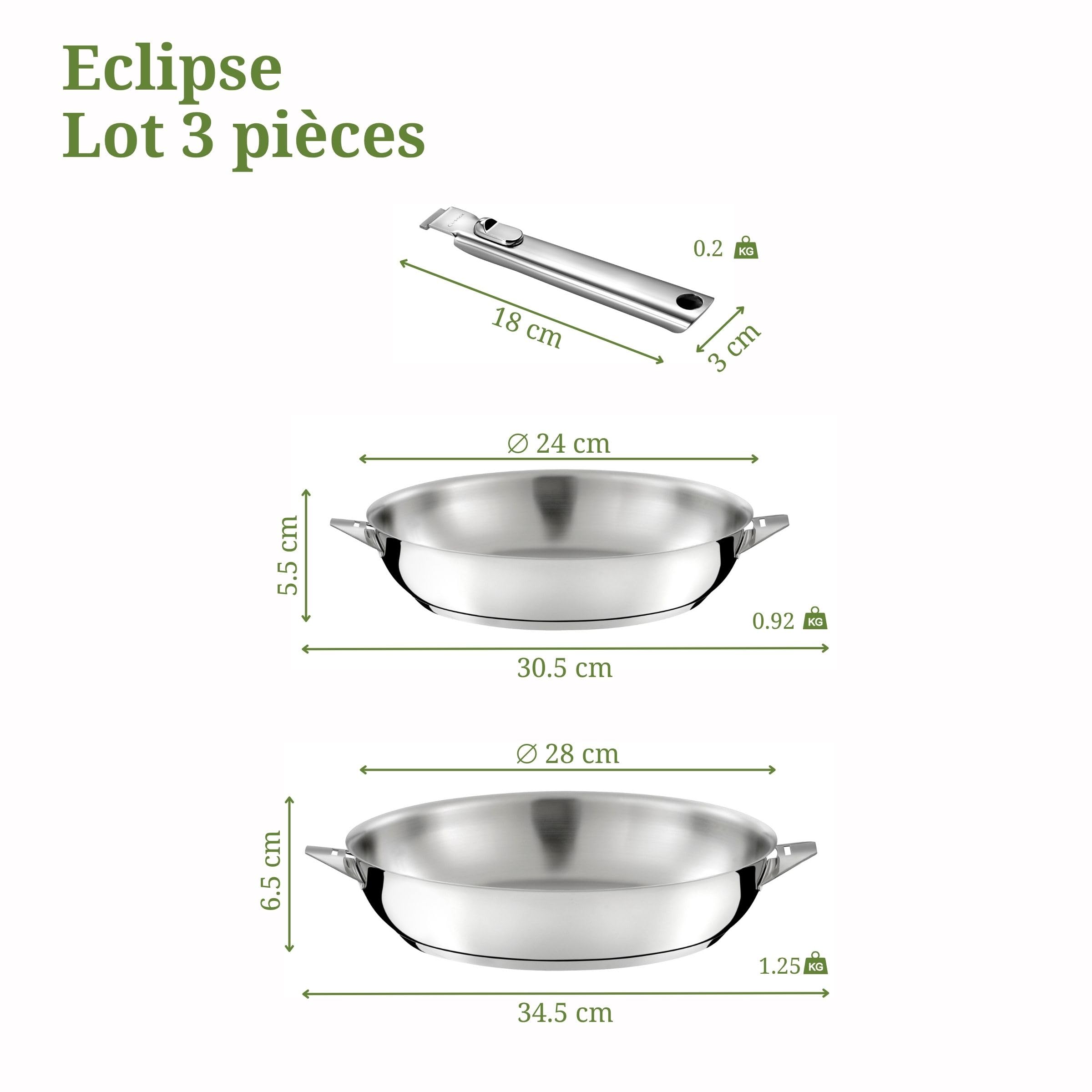 Cuisinox - Eclipse - Zestaw do pieczenia i sztućców - Patelnie 24/28 cm ze stali nierdzewnej, obieraczka i nóż biurowy - Zdejmowany uchwyt ze stali nierdzewnej - Nadaje się do wszystkich kuchenek, w