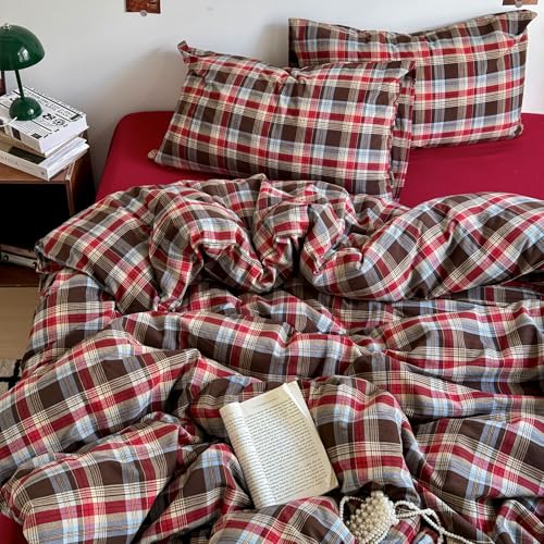 Image of EAVD Vintage Red Brown Buffalo Plaid Duvet Cover Queen 100% Wasehd Cotton Plaid Bedding Set with Grid Checkered Pattern Farmhouse Gingham Duvet Cover with Zipper Closure 2 Pillowcases for All-Season