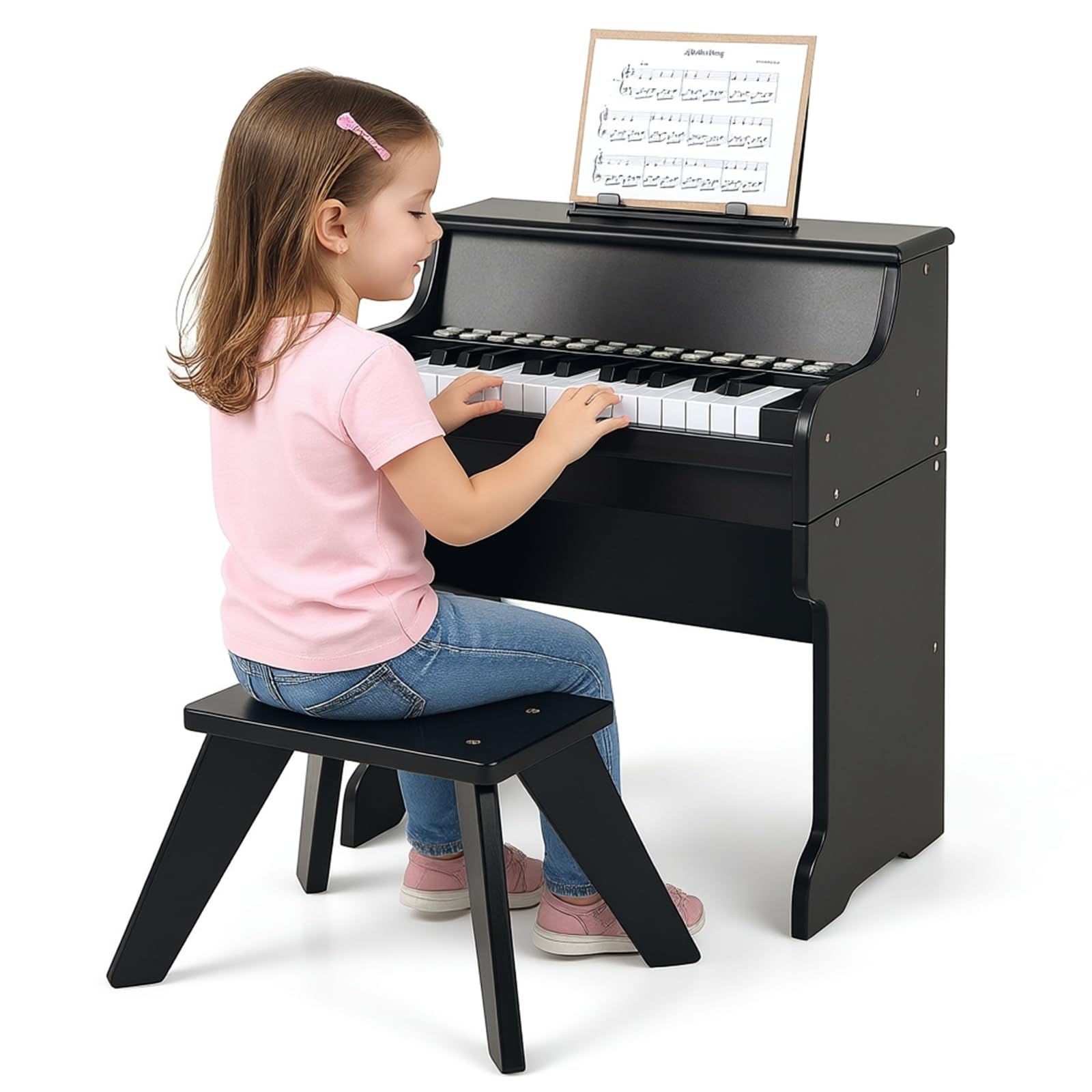 GOPLUS 25-Tasten Kinder Keyboard, elektronisches Kinderklavier mit Hocker, Leuchttasten-Piano, elektrisches Holzklavier mit Notenhalter, Lehrmodus, Musikinstrument für Kinder ab 3 Jahren (Schwarz)