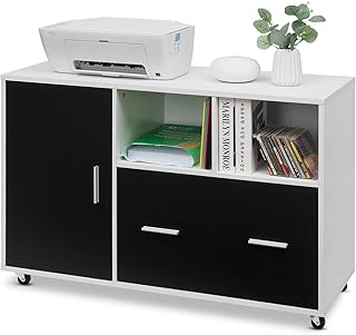 COSTWAY Mobile File Cabinet, Lateral Stationery Storage Cabinet Chest, Home Office Rolling Printer Stand Side Filing Cupboard Document Organiser Unit (Black+White, 1 Drawer+2 Compartments+1 Door)