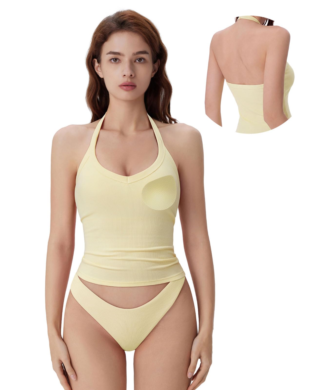 Photo 1 of SUUKSESS Women Halter Tank Top with Built in Bra Cotton Ribbed V Neck Fitted Basic Going Out Summer Tops (Butter Yellow,M)