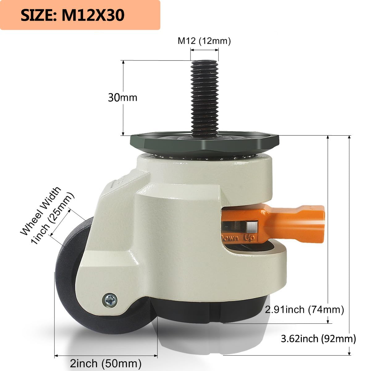 Nivellierrollen Schwerlastrollen mit Gewinde M12X30 Tragfähigkeit 1000KG, 4er Set 50MM Lenkrollen mit Ratschengriff-Design, 360-Grad-Möbelrollen Schwerlast für Maschine, Ausrüstung, Regale
