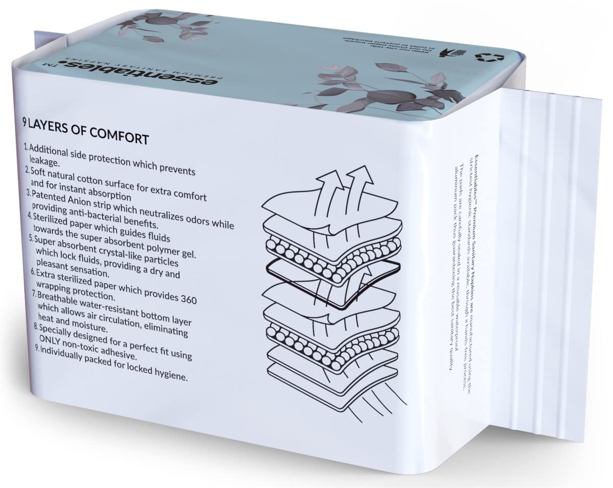 Essentiables, Overnight Super Absorbency, Premium Cotton Cover Sanitary Pads – Side Protection, Unscented, Ultra Thin Pads for Women (8 Count)