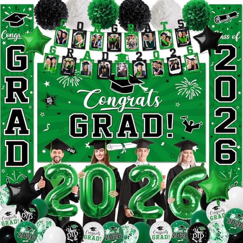 Image of 2026 Graduation Decorations, Green Themed Class of 2026 Decorations Set, Congrats Grad Backdrop, Photo Banner, Door Banner, Balloons and Pom Poms Supplies for High School College Graduation Party