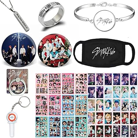 ZHENGGE Kpop Stray Kids Gifts Set for Gifts, Stray Kids Photocard, Stickers, Bracelet, Face Shield, Rings, Pendant Necklace, Button Pin, Phone Ring Holder, Keychain Cover