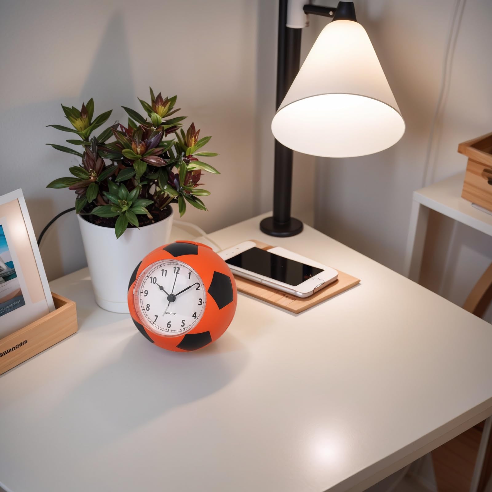Lancoon Analog Clock Non Ticking Quiet Soccer Shaped Alarm Clock Dual Ringtone Battery Operated Easy Adjust Football Bedroom Decor Sports Themed for Kids' Room Bedside Shelf Living Room Orange