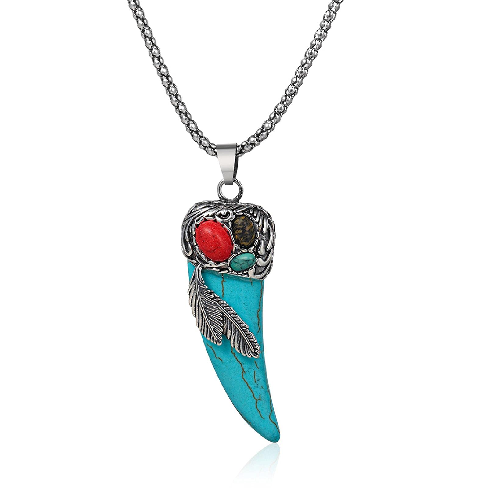 YOUPING Summer buffalo horn turquoise necklace, men's 925 Silver Feather pendant, S, Stainless Steel, Citrine