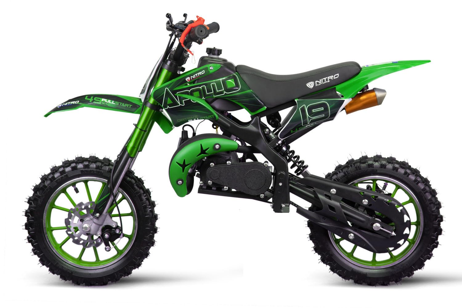 Mini Cross Mini Moto minicross minimoto APOLLO 49cc 2 tempi: Gas Regolabile + Easty Start + Ruote 10" + Freni a disco + Filtro Aria Sportivo + Altezza Sella ca. 60cm + Garanzia 24 mesi (COLORE VERDE)