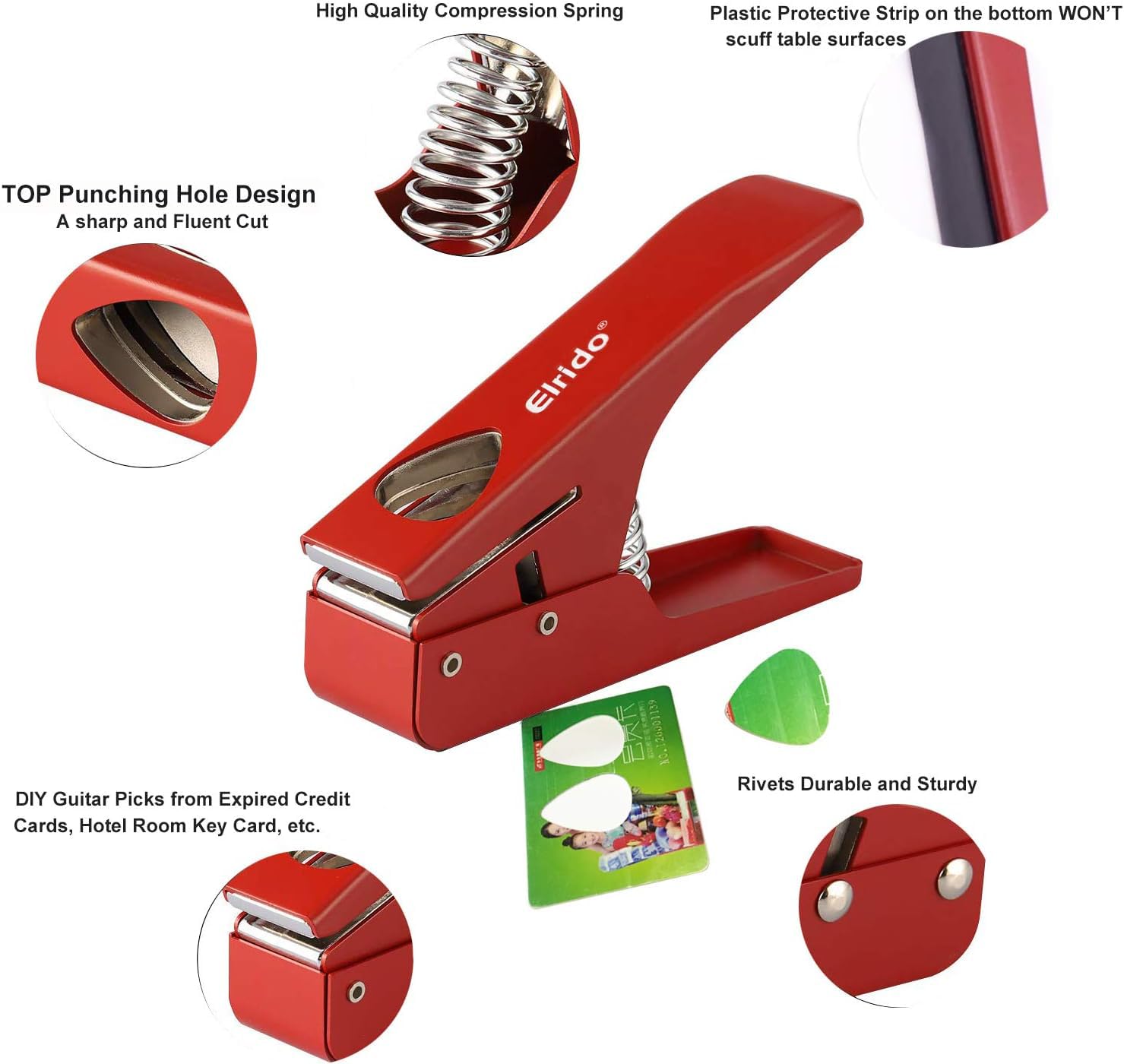 Elrido Púas de guitarra para hacer tus infinitas púas de guitarra, con 2 tiras de púas y soporte de púas de cuero, kit de herramientas perforadoras para guitarra, cortador de púas de guitarra (rojo)