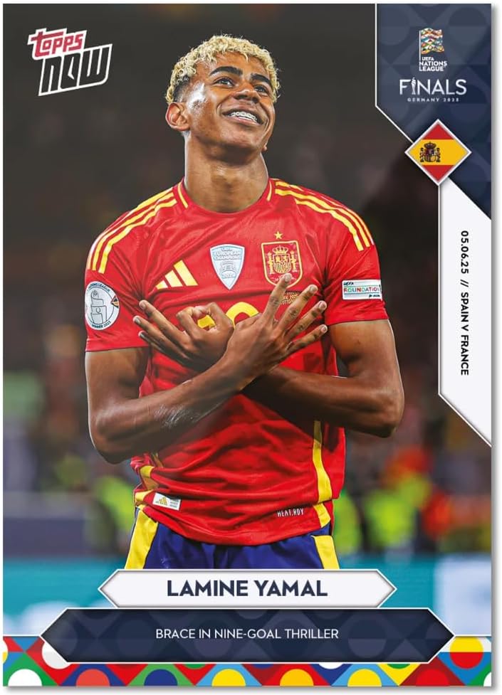 2025 T Now Lamine Yamal #2- UEFA Nations League Brace in Nine-Goal Thriller- Soccer Trading Card- Spain - Shipped in Protective Screwdown Holder.