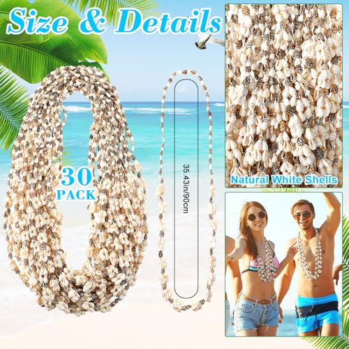 Misdary 30 Pcs Hawaiian Shell Leis Bulk Sea Shell Leis Luau Tahitian Dove Nassa Shell Necklace Natural Long Cowrie Shell Necklace Summer Beach Party Apparel Jewelry Accessories for Women Men2