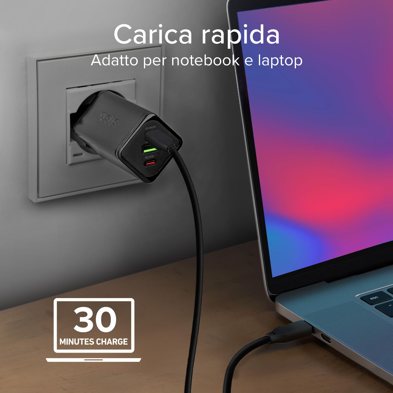 SBS Alimentatore Slim USB-C 100W, Tecnologia GaN, Power Delivery (PD), Ricarica Rapida, Adaptive Fast Charge (AFC), Caricatore iPhone, iPad, MacBook Air, Samsung, Tablet, Smartphone, Notebook, Nero