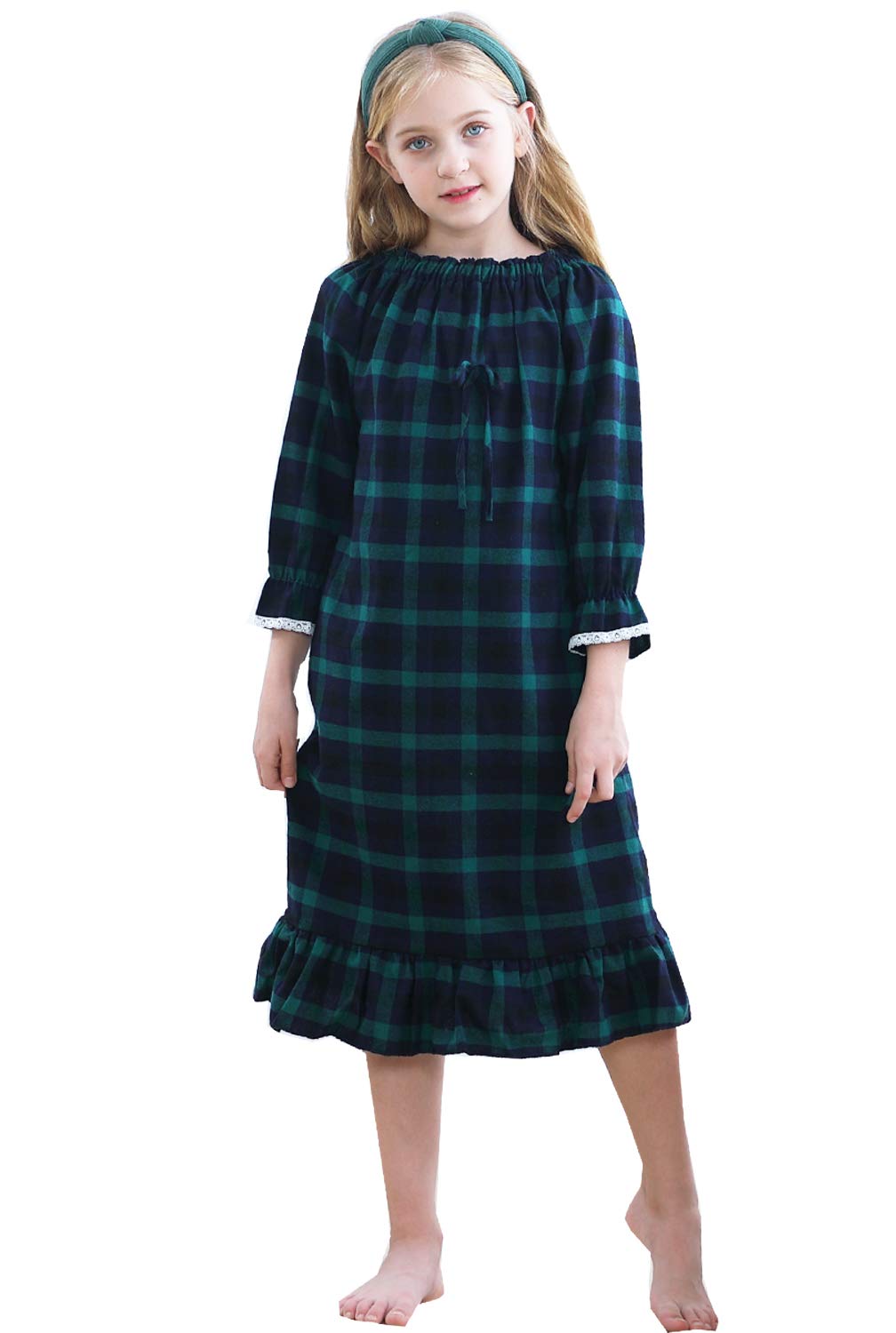 Girls' Flannel Classic Plaid Pajamas with Long Sleeve Nightgown Sleepwear Dress 3-13Years