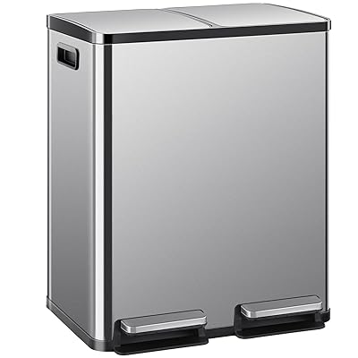 DUMOS Kitchen Trash Can, 2×8-Gallon Garbage Can with Lid, Stainless Steel Trash Bin with 2 Removable Inner Buckets, Soft-Close Foot Pedal, Fingerprint-Resistant for Kitchen Home Office