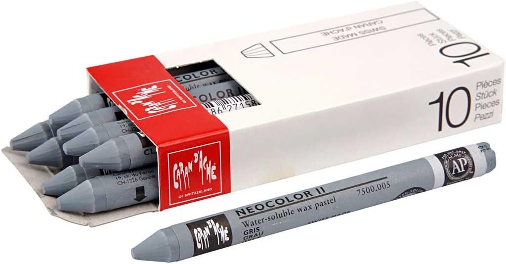Caran d'Ache Neocolor II 005 Grey/Grey (7500.005) / Pastel Pack of 10 (1 Pack) / Made of Water-soluble Wax/for Paper Cardboard Glass Wood Leather Fabric Stone