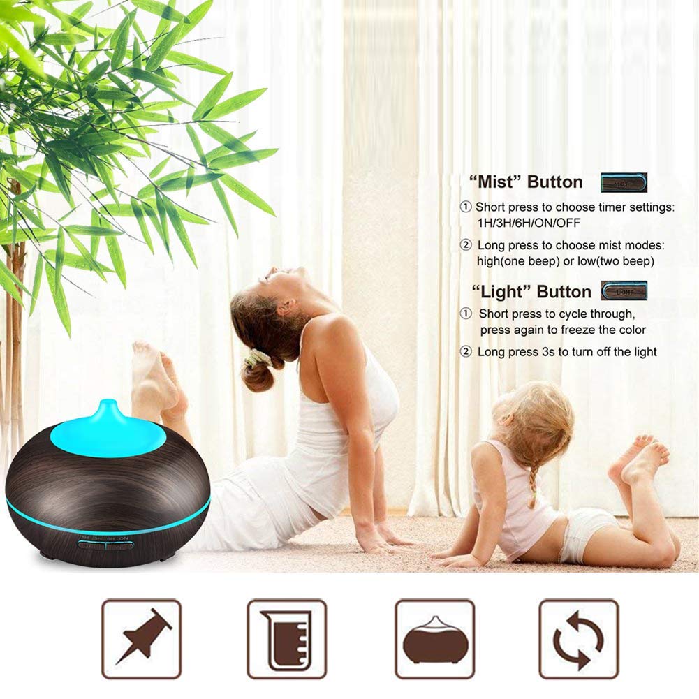 JoySusie 500ml Wood Grain Aroma Diffuser: Whisper-Quiet, Color LED Lights, 4 Timer Settings