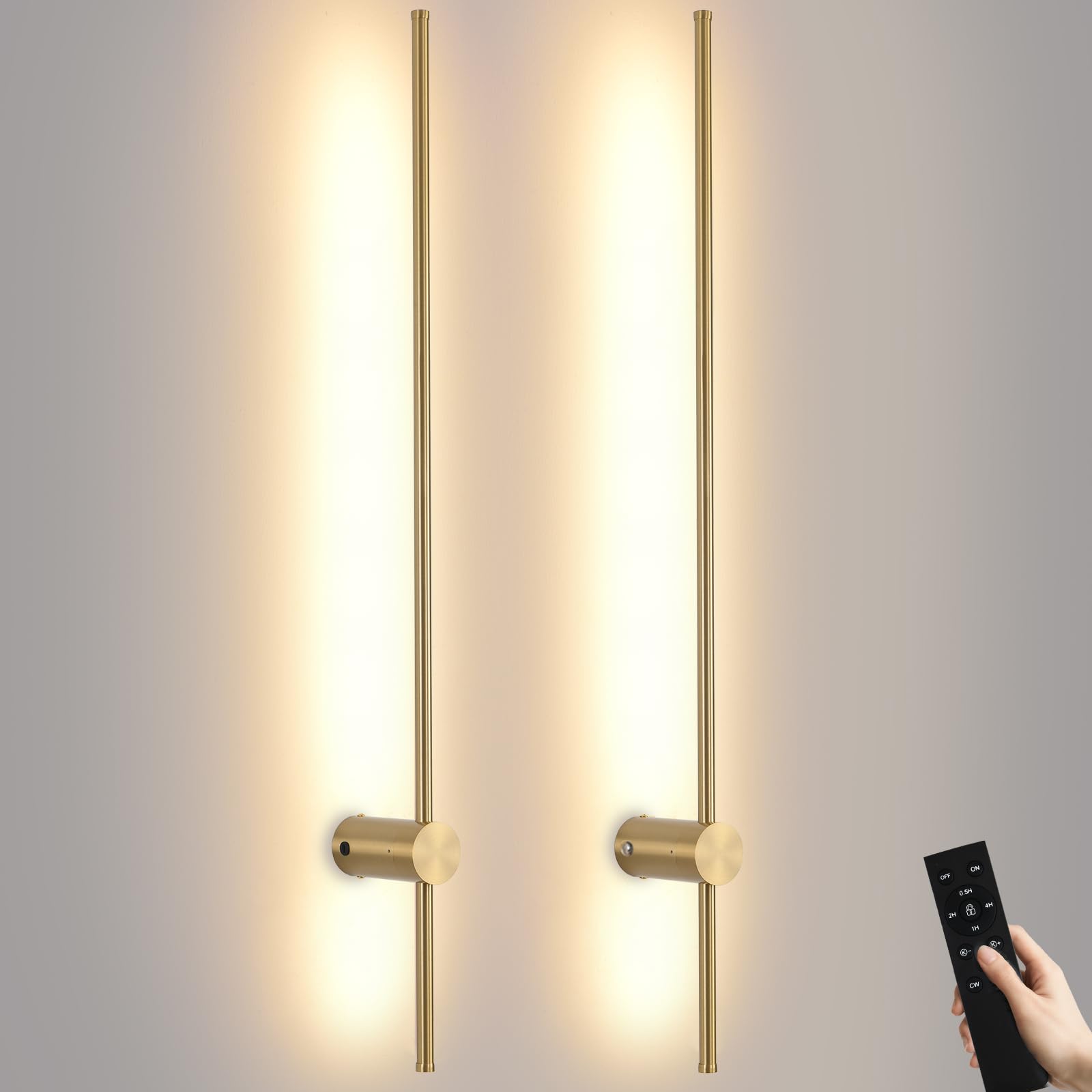 Giawosth Battery Operated Wall Sconce USB Rechargeable Sconces, 39.3" Brushed Gold Wireless Wall lamp Set of 2, 3000K-6000K & Dimming with Remote