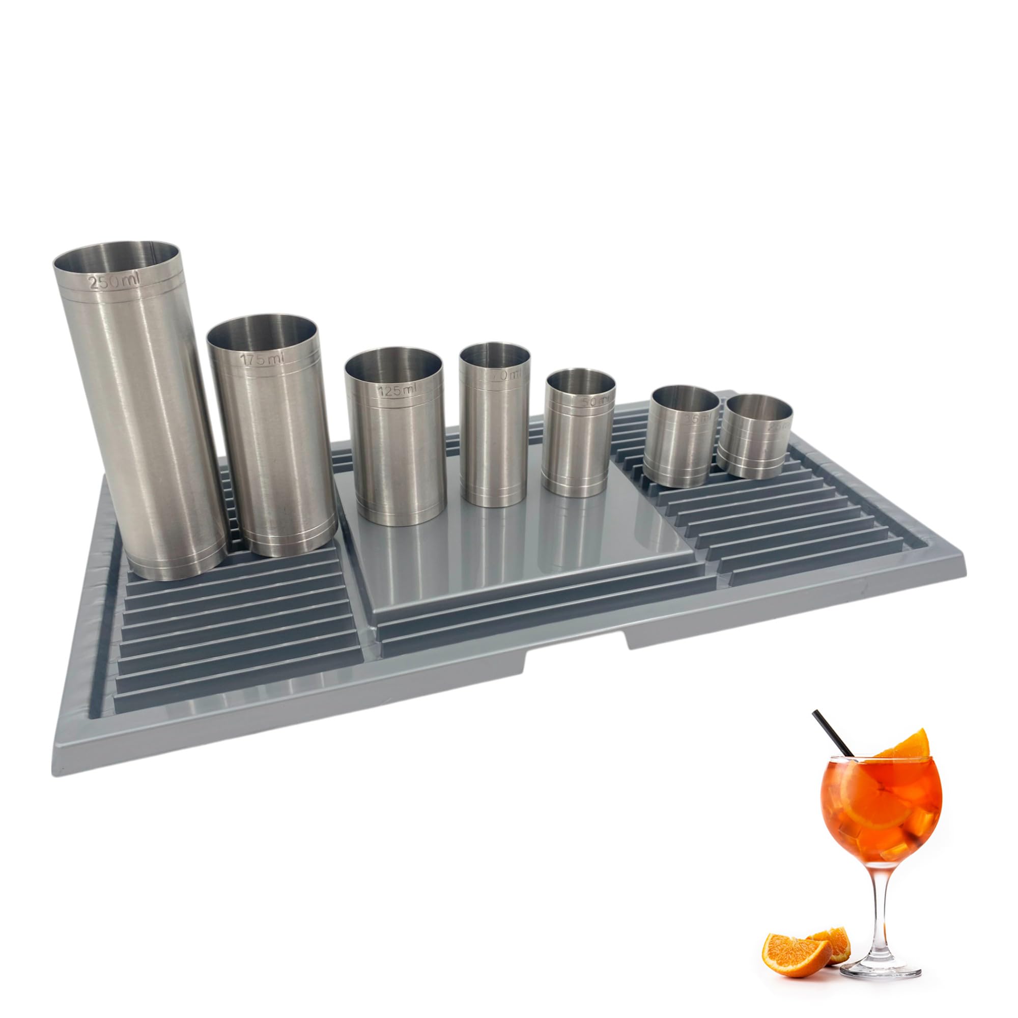 Chabrias Ltd Barware Silver Ridged Hard Plastic Drip Tray & 7 Piece Thimble Set 42.5cm and Stainless Steel Thimble Measures, 25ml to 250ml, Home Bars, Pubs & Cocktail Stations