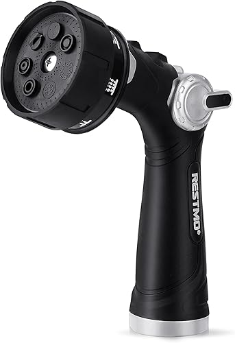 RESTMO Boquilla de manguera de metal, rociador de boquilla de manguera de jardín resistente, control de flujo de pulgar Alta presión 7 patrones de