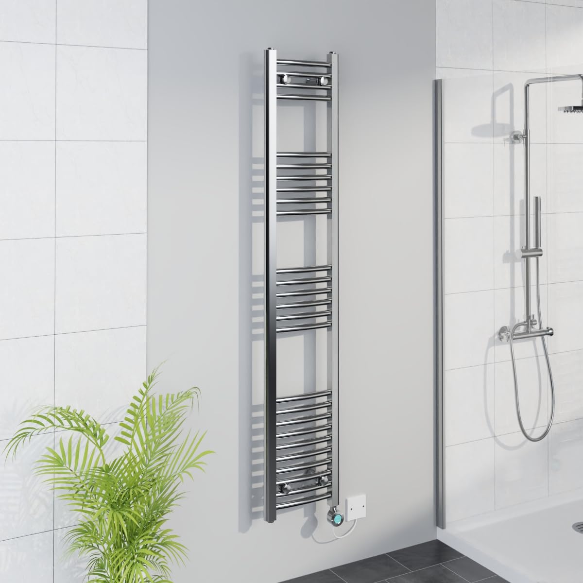 Warmehaus Smart WiFi Thermostatic Electric Bathroom Curved Heated Towel Rail Warmer Radiator with Timer 1600x300mm - Chrome