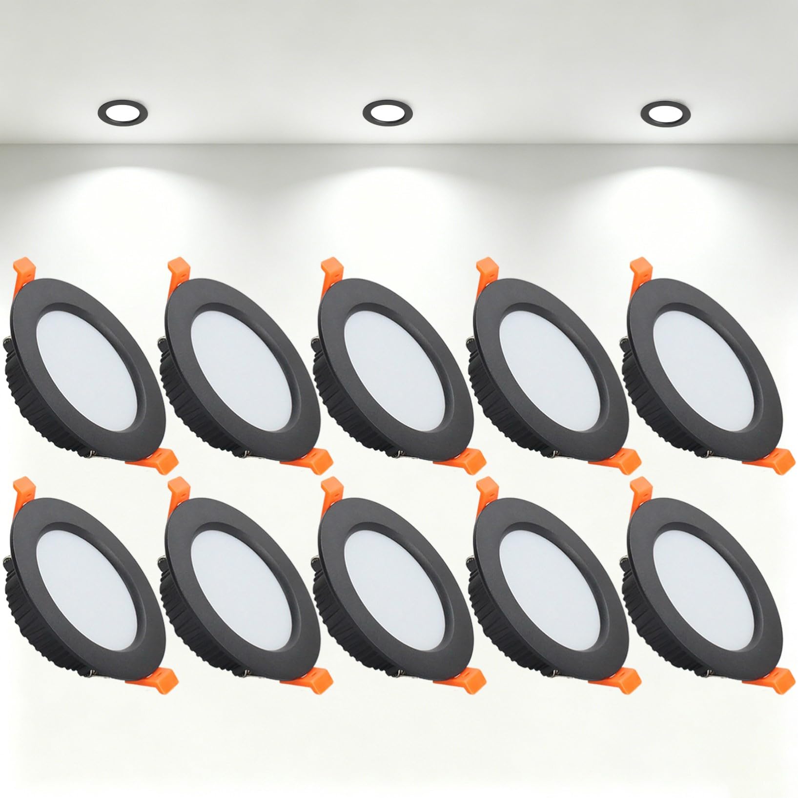 VOGHMOLD 9W Ultra Slim LED Downlight Recessed Ceiling Light 3.5 inch, 6000K Spot Lights Black Aluminum Trim, Cut Φ90-100mm, AC110-240V Panel Lighting for Office Hallway Closet, 10 Pack