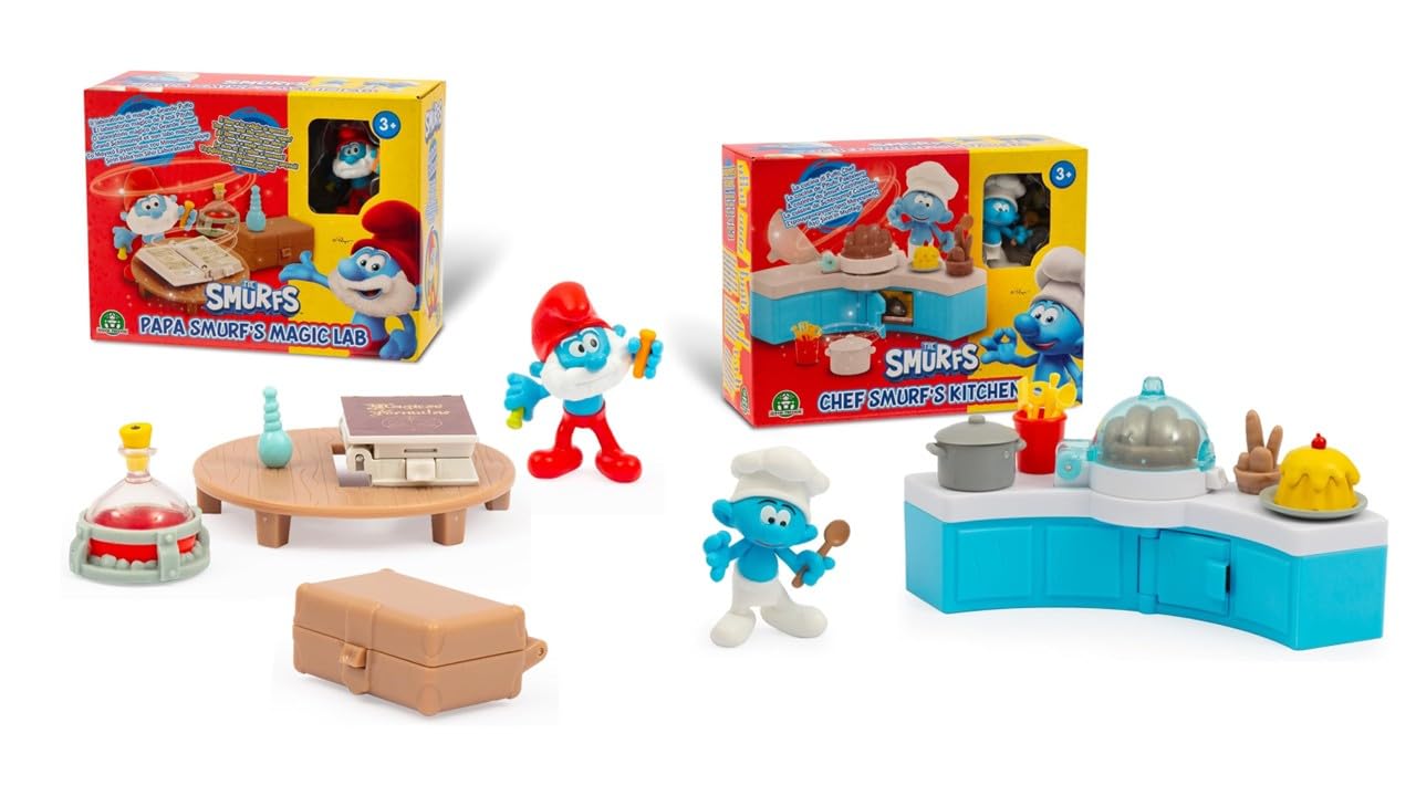 The Smurfs, Smurfs Playset Twin Pack  Includes 1x Chef Smurfs Kitchen & 1x Papa Smurfs Magic Lab  Detailed Playsets with Accessories  Creative Roleplay Toys for Kids  Ages 3+