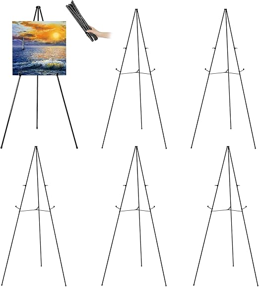 63" Tall Display Easel Stand for Wedding Sign Poster, Foldable and Adjustable Floor Metal Easels for Display Painting Arts,with Portable Bag,Holds 5 LBS (Black,6Pack)