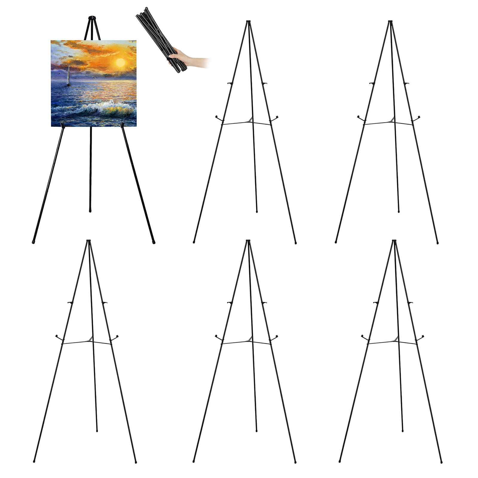 63" Tall Display Easel Stand for Wedding Sign Poster, Foldable and Adjustable Floor Metal Easels for Display Painting Arts,with Portable Bag,Holds 5 LBS (Black,6Pack)