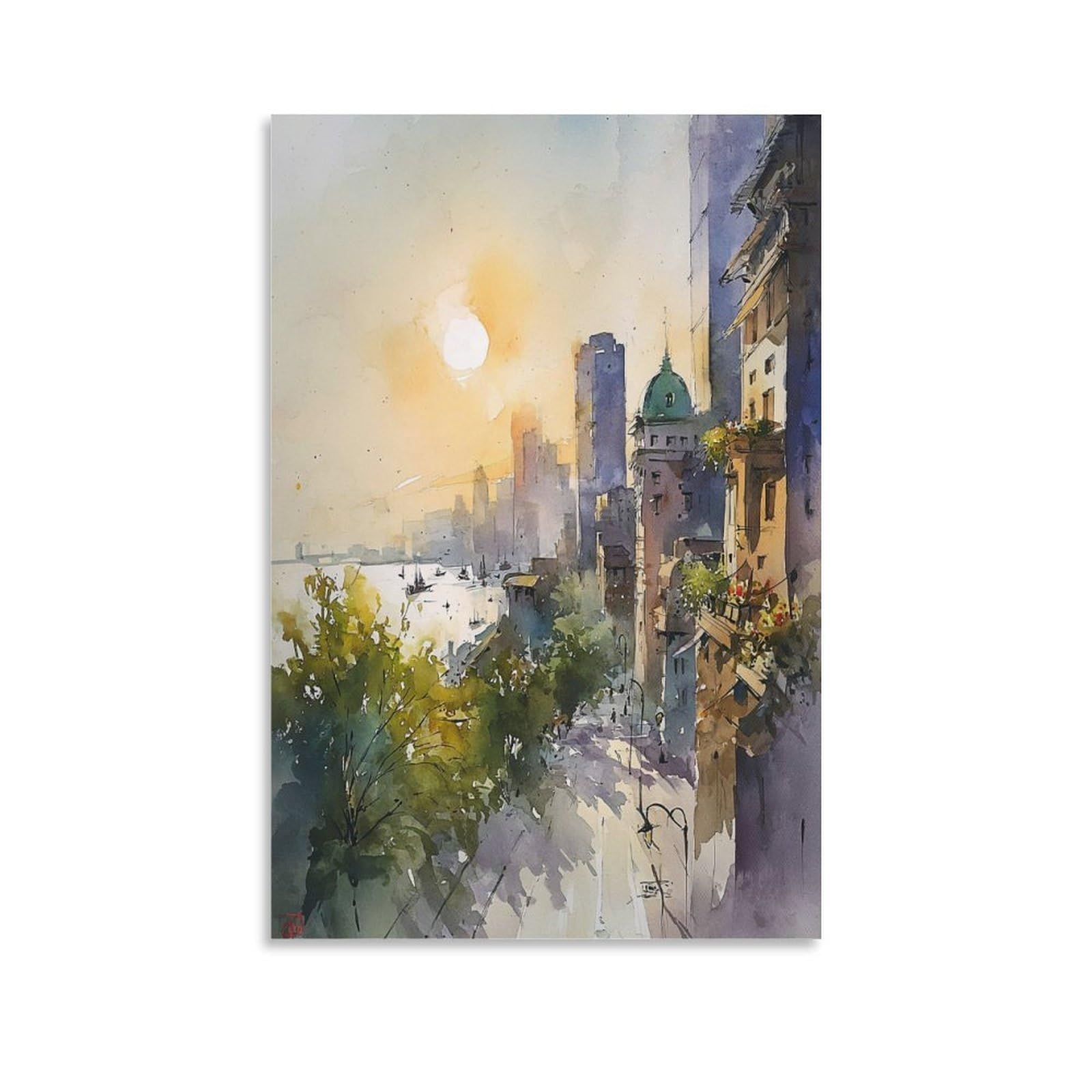 Cnaheiz Unframe-Style Seattle Skyline Watercolor Print Washington Travel Poster 20X30inch(50X75cm) Vintage Watercolor Canvas Art