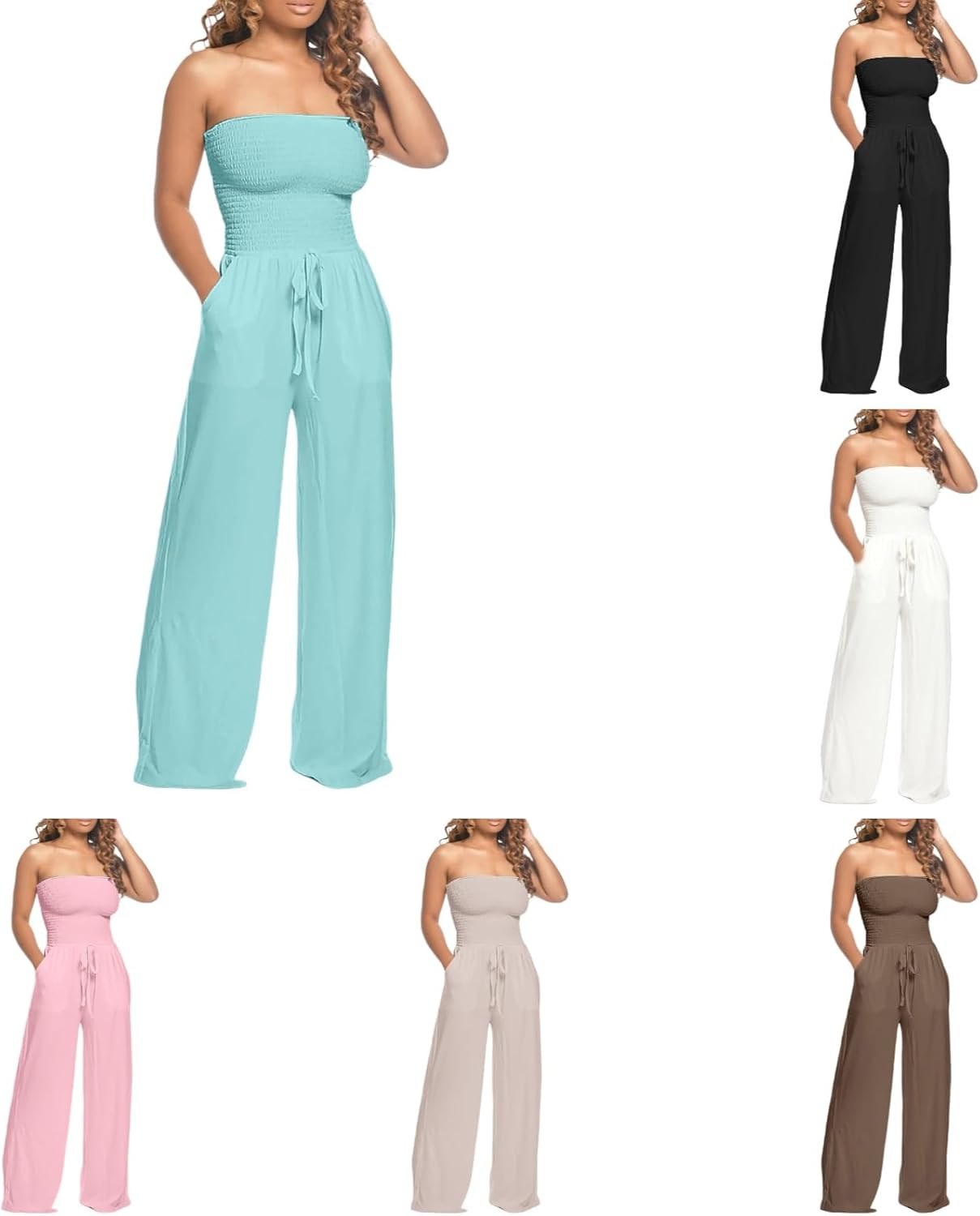 Strapless Rompers For Women Casual Summer Sleeveless Belted Wide Leg Jumpsuits Loose Tube Top Romper With Pockets