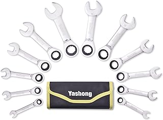 Yashong 12-Piece Stubby 8-19mm Metric Ratcheting Wrench Set, Professional Chrome Vanadium Steel Ratchet Wrenches, Combination Ended Standard Kit with Portable Bag