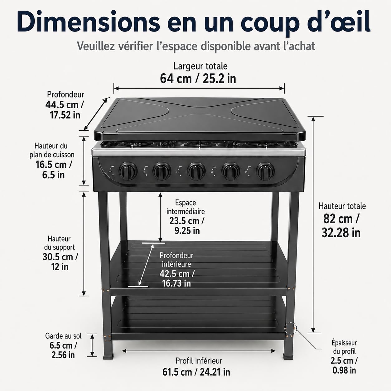 Plaque de cuisson à gaz 5 flammes, 2,5 kW, portable, pour le camping et la maison