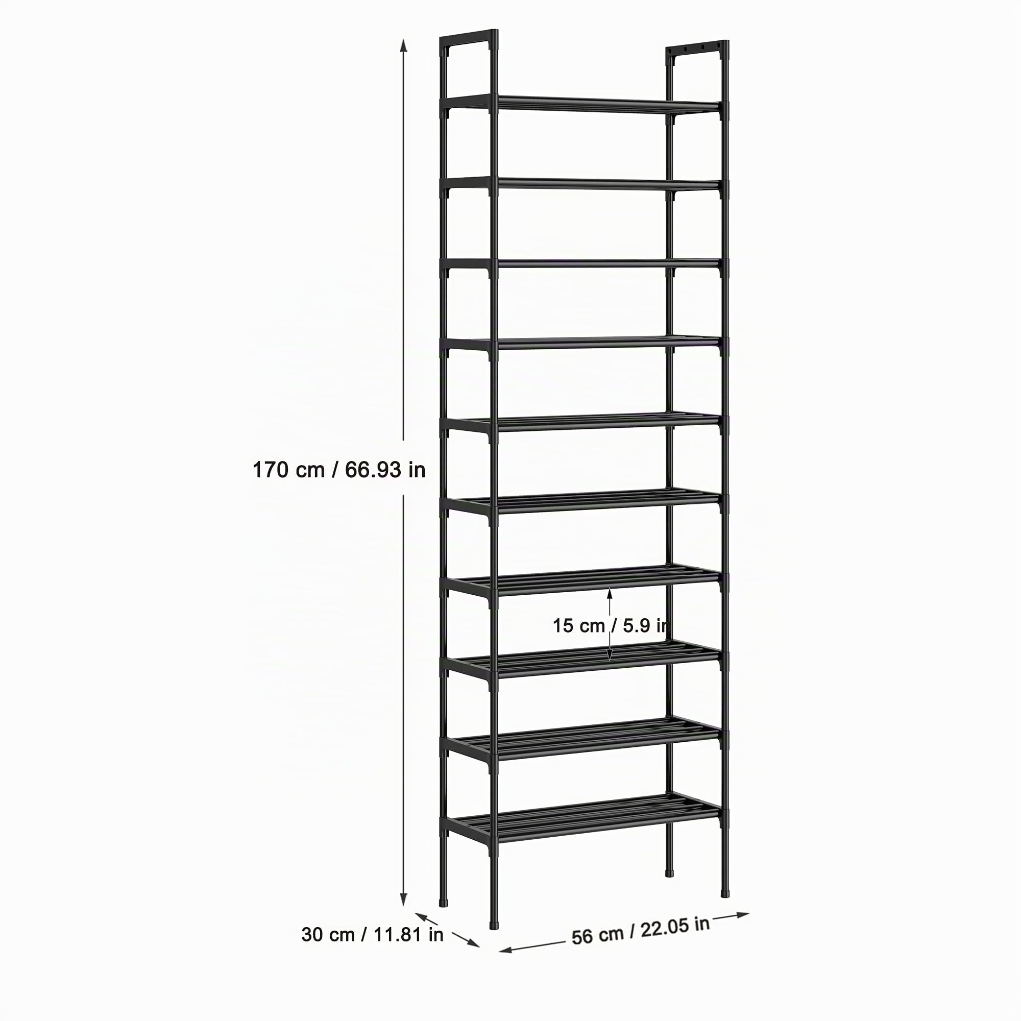 S-538 10 Ebenen Stöckiges Schwarz Verstellbare Schuhablagen Schuhaufbewahrung Hohes Schuhregal Organizer Regal Halteständer für 30 Paar Schuhe, 56 x 30 x 170 cm, Robuste Bauweise