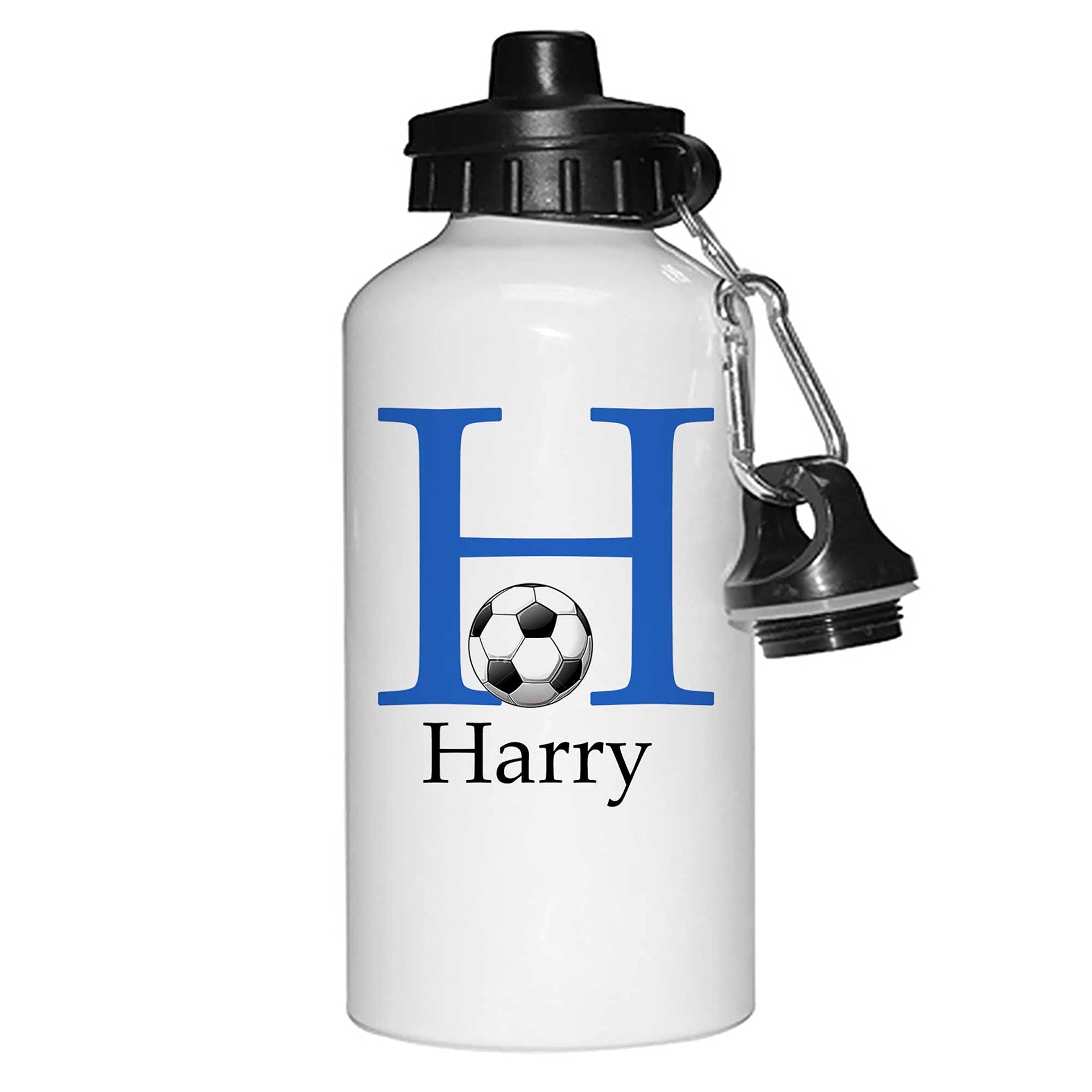 Tigerlilyprints Personalised Aluminium Water Bottle for Boys – 400ml –Kids School Sports Bottle, Metal print on both sides - more designs (Football I Bl) — image 1