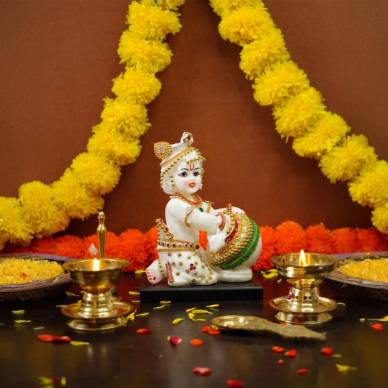 Image of Ekhasa Aura Series Marble Dust Bal Gopal Murti (8 inch, Medium Size) | Gemstone Zircon Studded Laddu Gopal Murti for Pooja | Resin Baby Krishna Idol for Home | Sri Krishna Idols for Gift