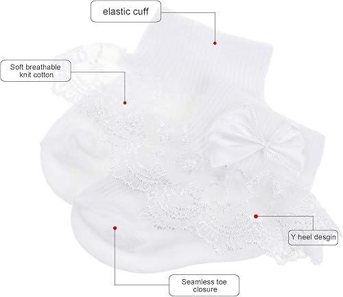 Miniatura 5 de DRESHOW Calcetines de bebé para niñas con ojales y volantes de encaje, calcetines de vestir para recién nacidosbebésniños pequeñosniños para niña