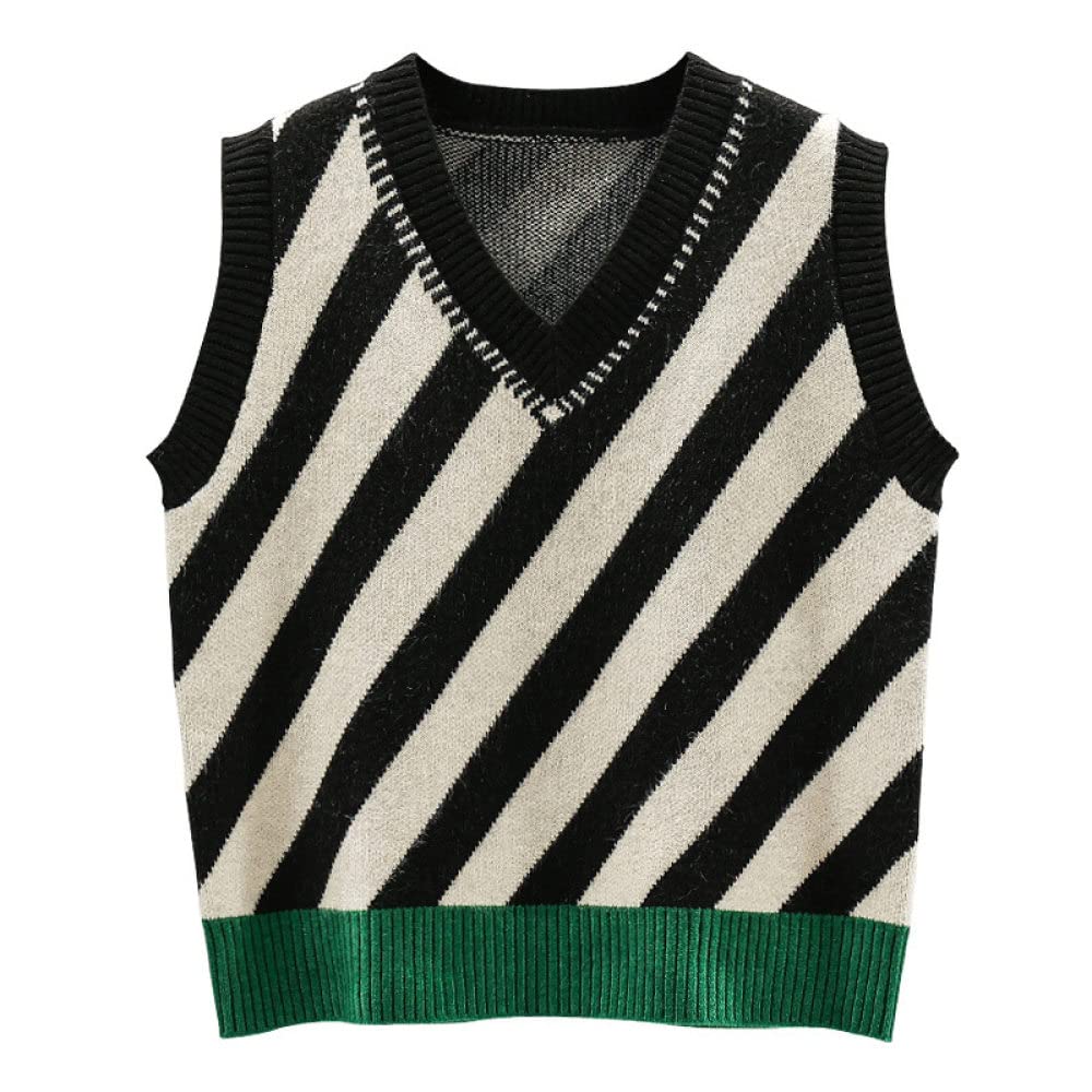 Ärmellose Strickweste Damen,Damen V-Ausschnitt Pullover Weste Retro Schwarz Diagonale Streifen Kurze Mode Ärmellos Strickwesten Weste Preppy Style Jumper Uniform Tank Top