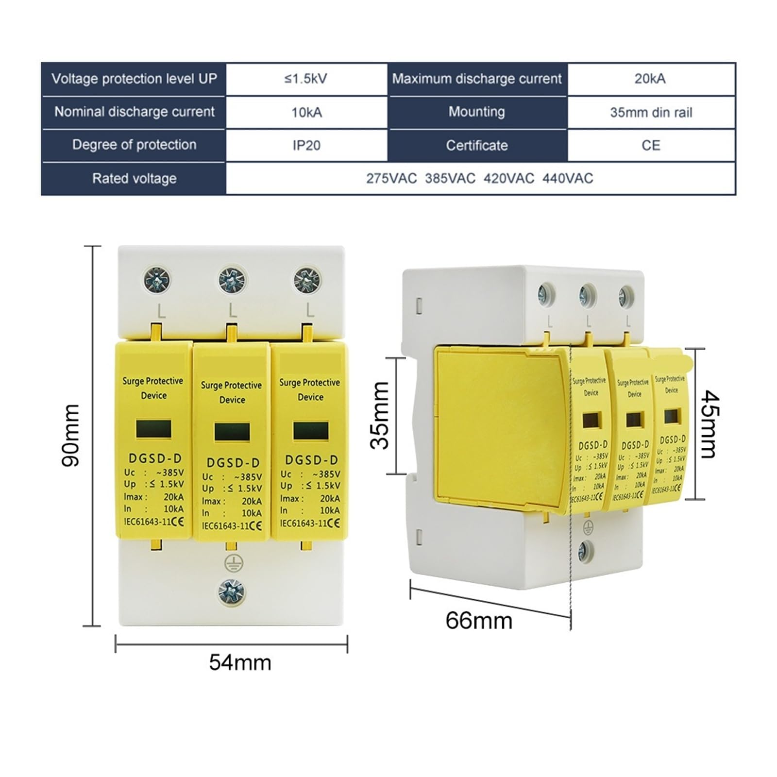 AC SPD 3P House Lightning Surge Protector 10-20KA 20-40KA 30-60KA 385V 2P+N Solar PV Protective Low-voltage Arrester Device(20-40KA)